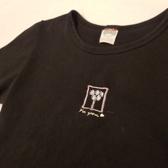 Vintage Baby Tee T-Shirt Flower Design Black Basic Stretchy - Picture 3 of 8